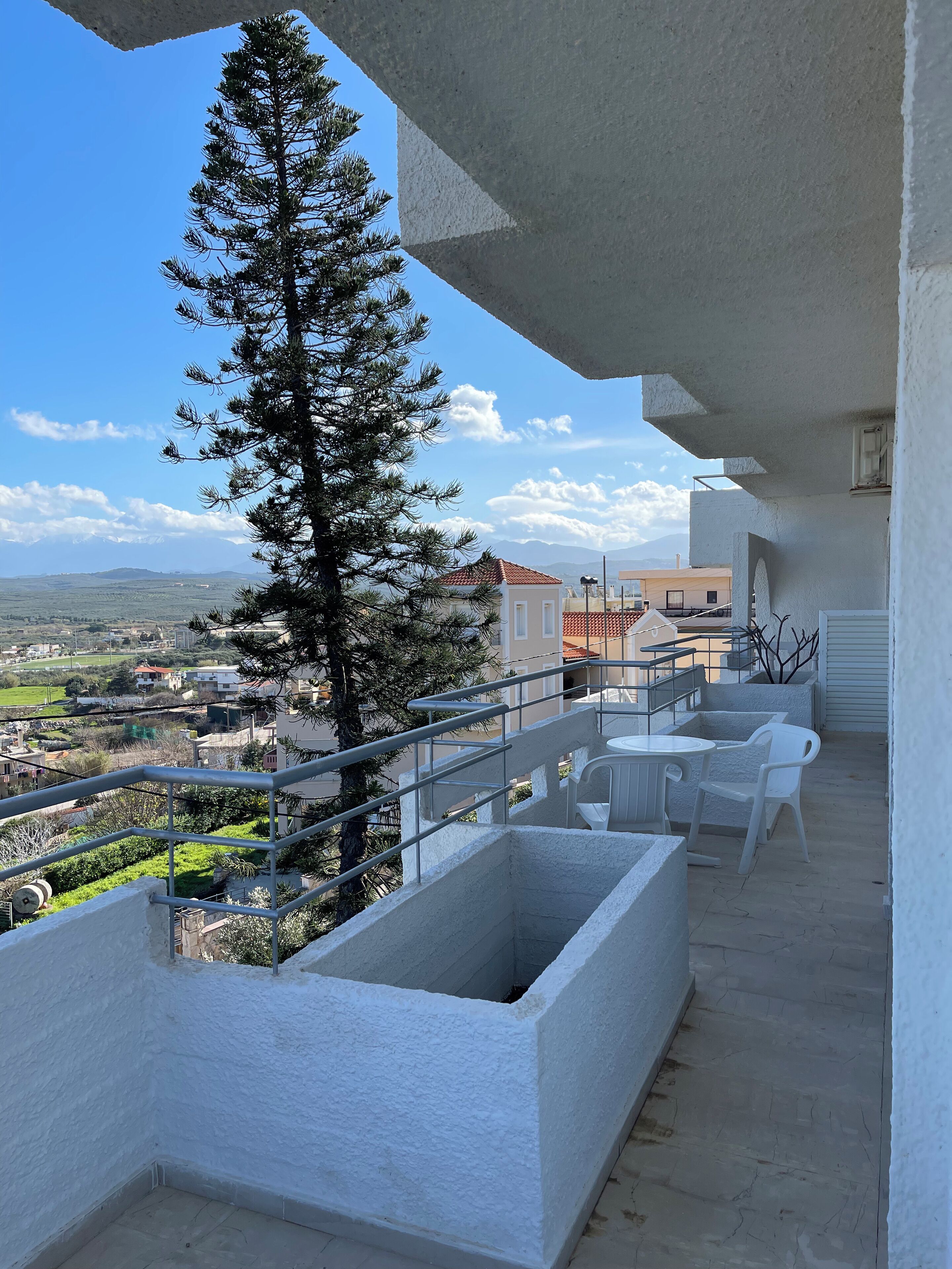 A balcony with white planters, a view of a town, and a tall pine tree.