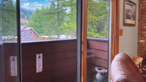 A room with a sliding glass door leading to a balcony, a brown leather chair, and a small table with a vase.