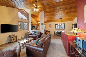 Smart TV, fireplace, books