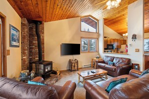 Smart TV, fireplace, books