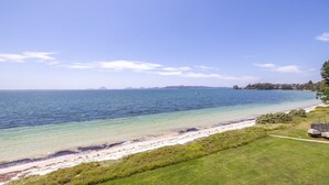 Un paysage côtier offrant une vue dégagée sur la mer, une plage de sable et une zone herbeuse.