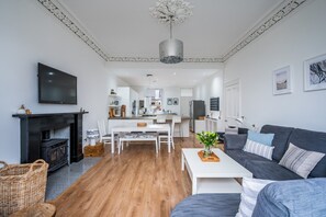 TV, fireplace, books