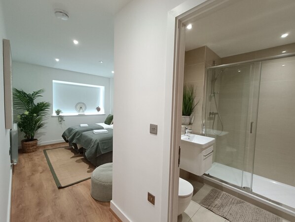 Hair dryer, towels, soap, toilet paper