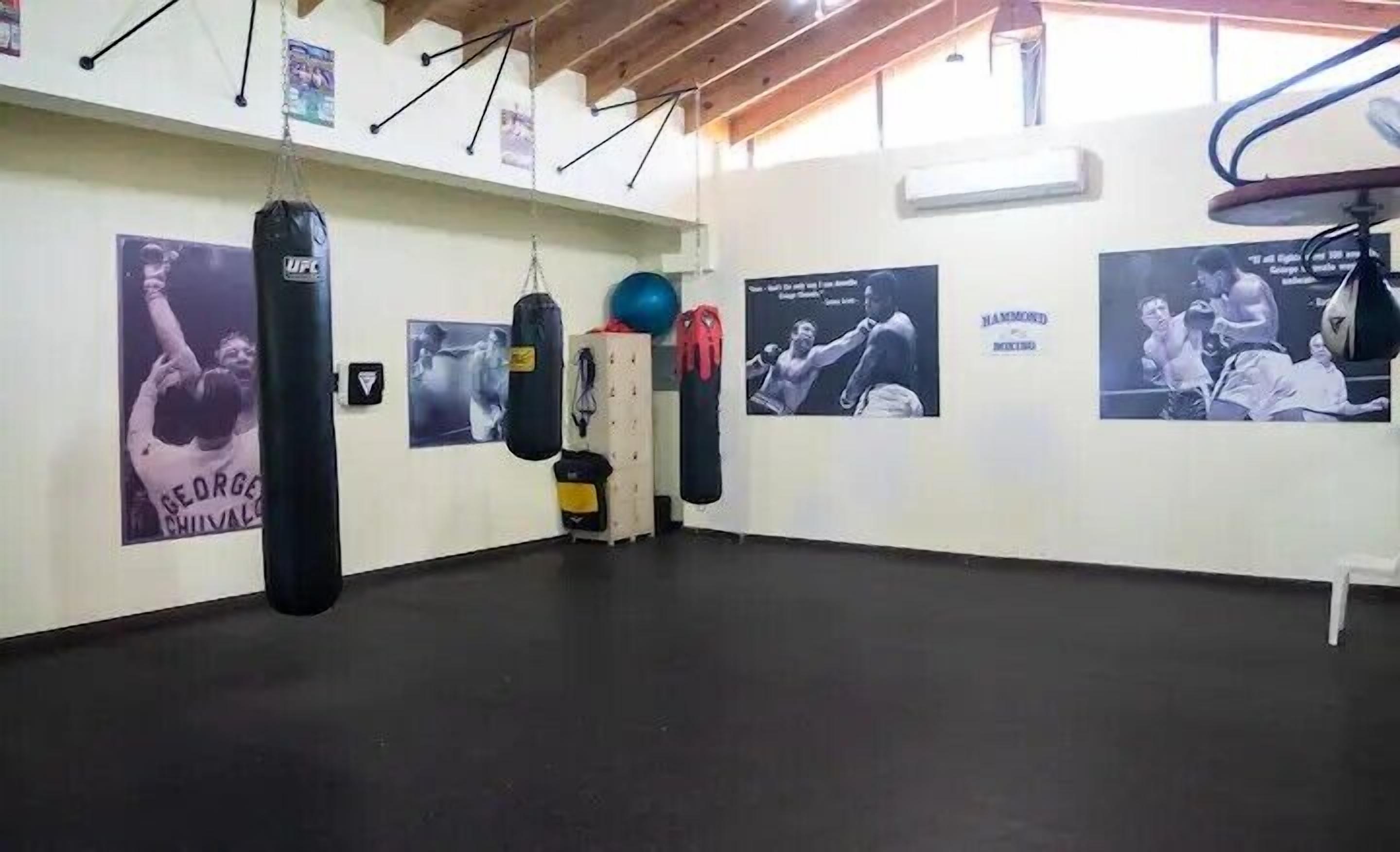 Une salle de sport avec des sacs de frappe, des affiches et un plafond en bois.