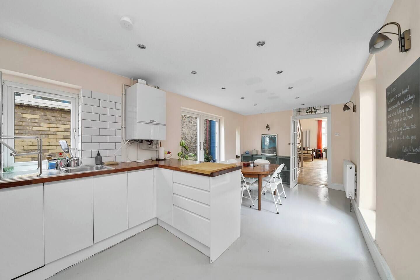 Oven, dishwasher, coffee/tea maker, cookware/dishes/utensils