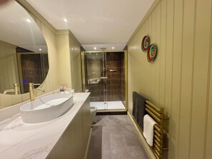 Hair dryer, towels, soap