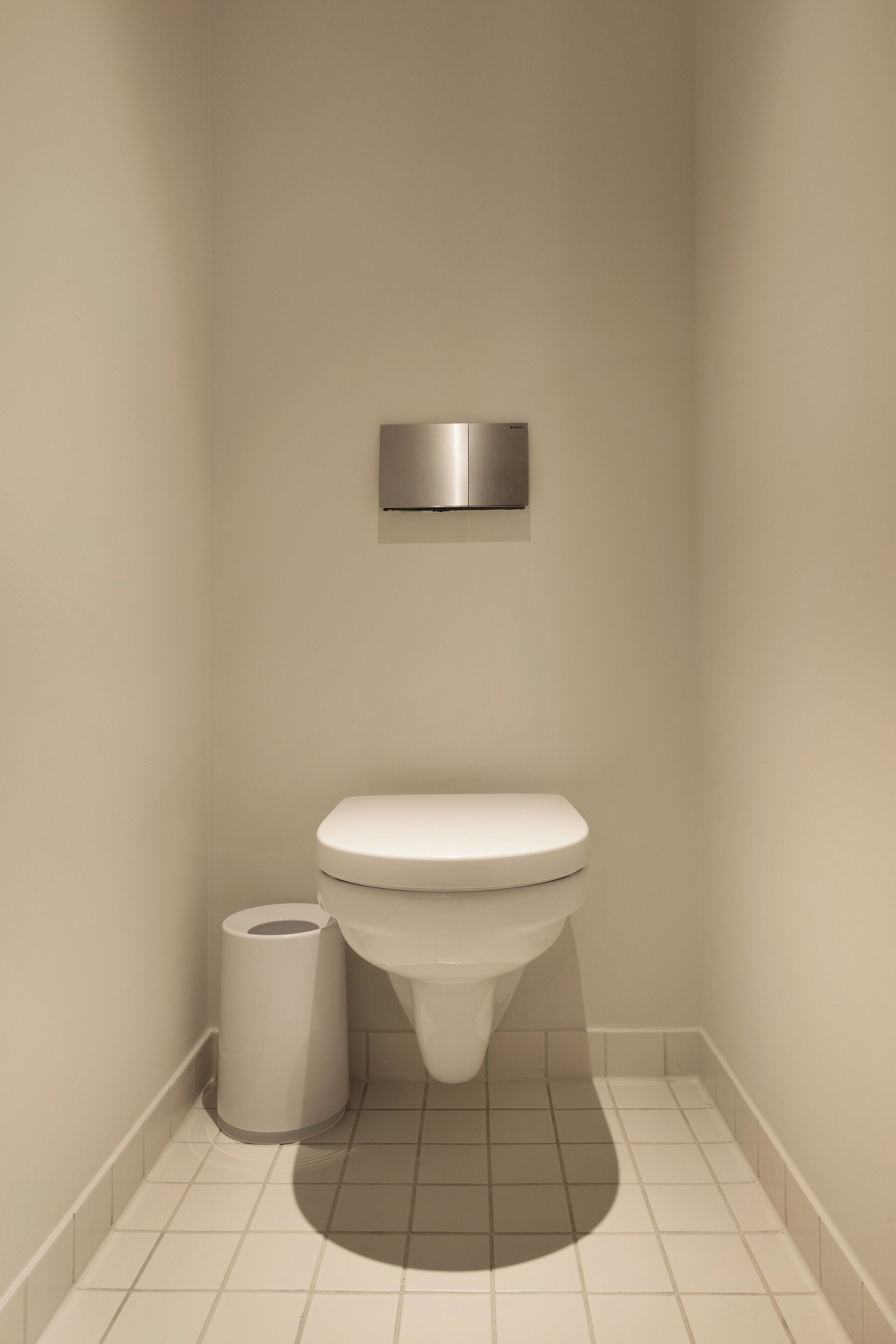 A small, modern bathroom with a toilet, a trash can, and a wall-mounted flush handle.