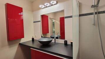 Hair dryer, towels, soap, toilet paper