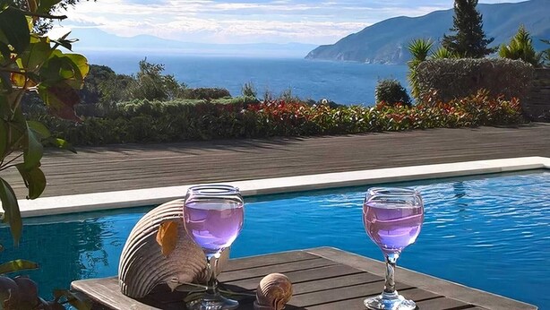 A poolside view with two glasses of purple drink, a wooden table, and a scenic ocean view. - Villa Nerissa, Villa Nerissa (Alonnisos)