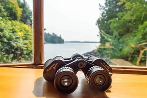 Binoculars on a wooden surface with a view of a lake and trees through a window.