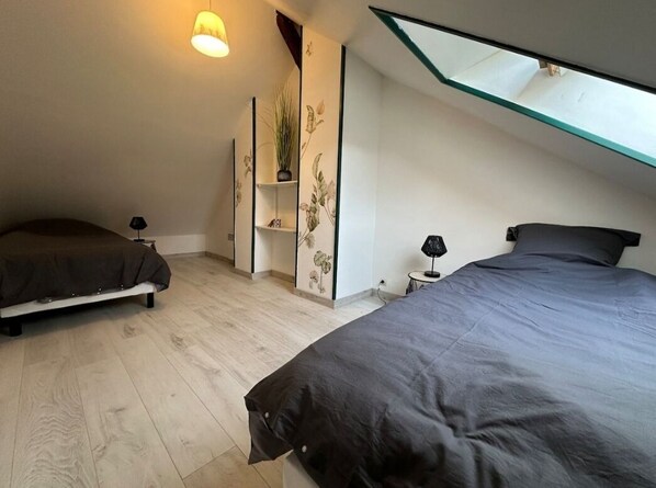 A bedroom with two beds, a plant on a shelf, and a skylight. - L'Hydromel, estate with swimming pool 1h30 from Paris (Auvilliers-en-Gâtinais)