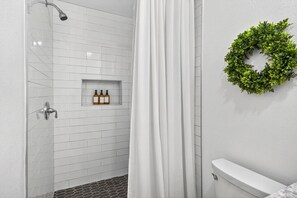 Hair dryer, towels, soap, toilet paper