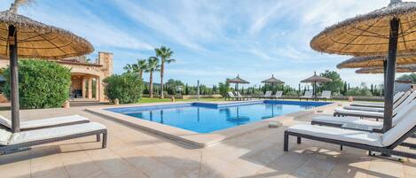 Seasonal outdoor pool, pool umbrellas, pool loungers