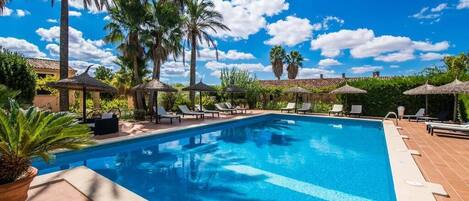 A pool area with lounge chairs and palm trees.