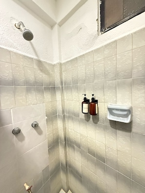 A shower area with tiled walls, a handheld showerhead, and two bottles of shampoo and conditioner on the wall. - Hotel Casa Caracol (Isla Mujeres)