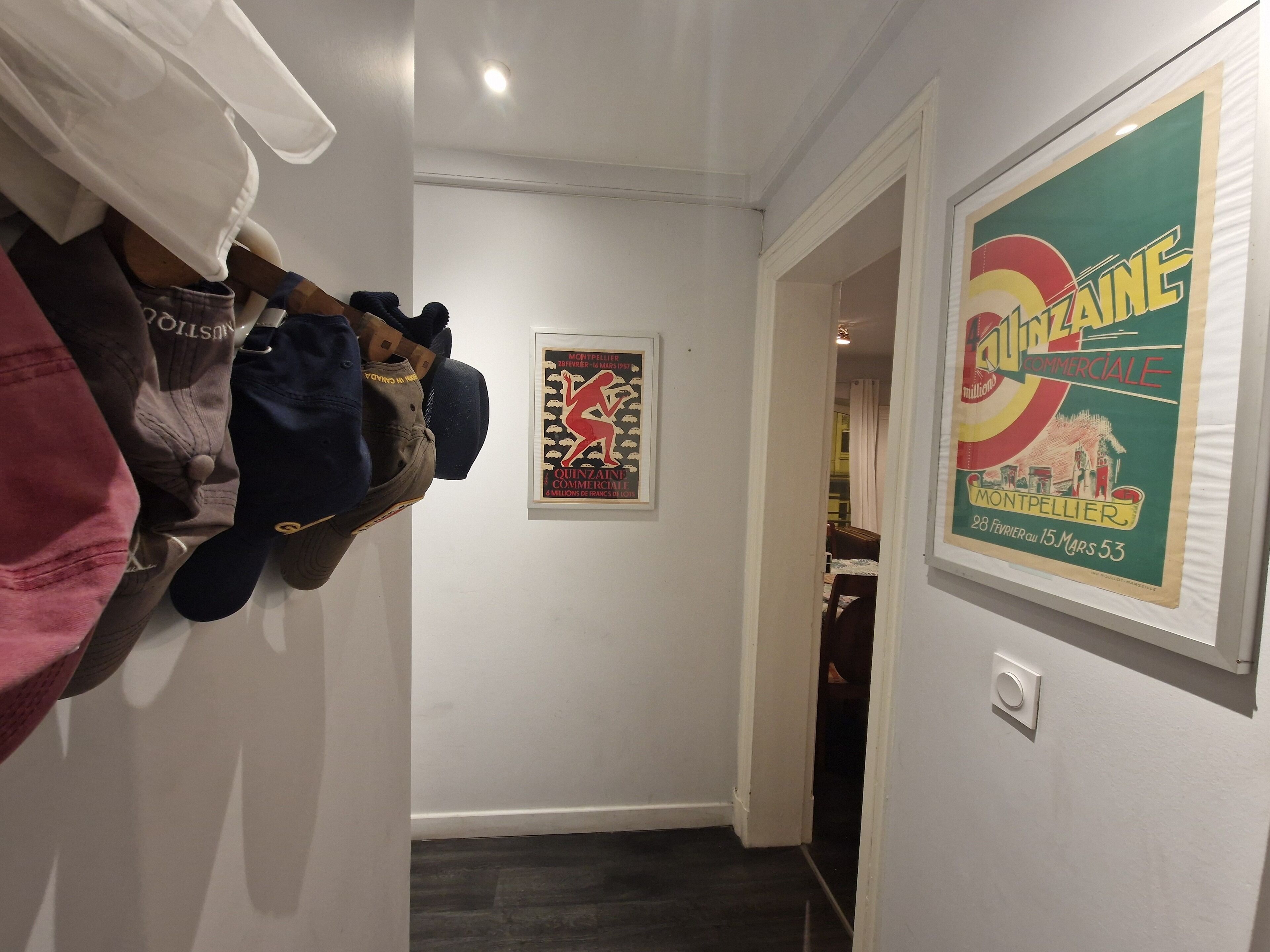 A hallway with a coat rack, a framed poster, and a door leading to another room.