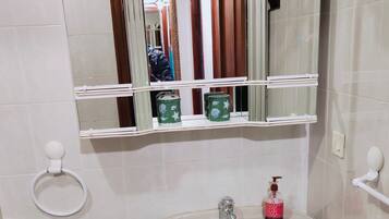 Hair dryer, bidet, towels, soap