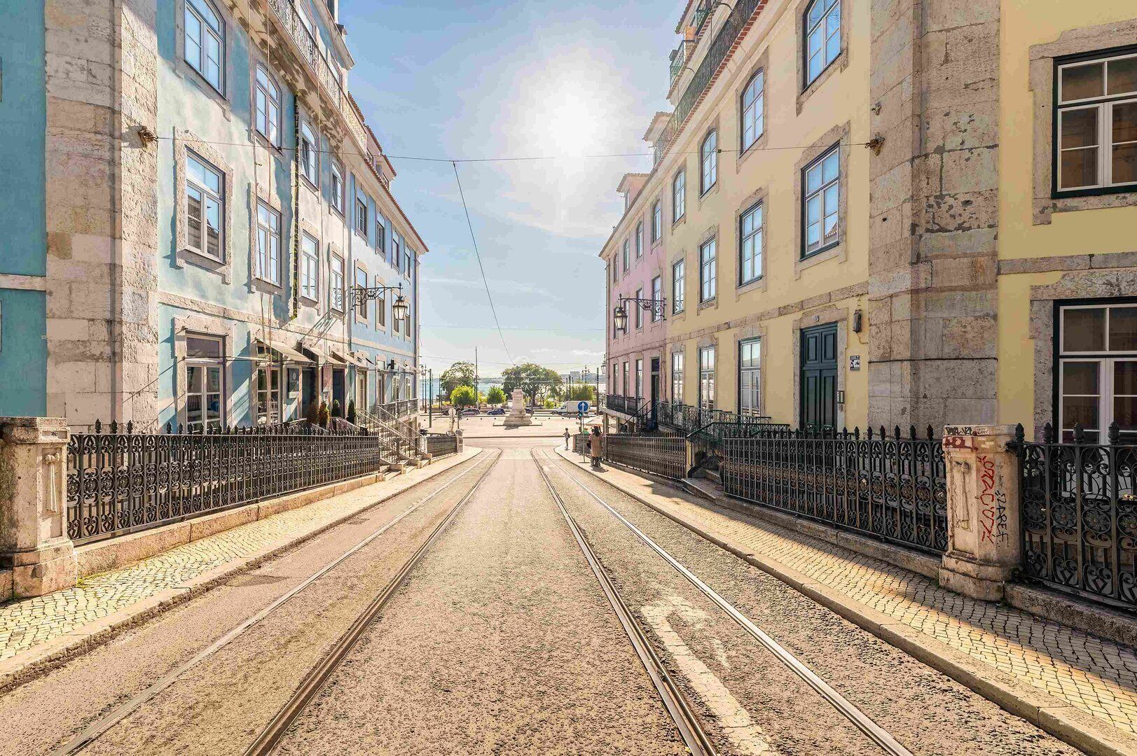Eine Straße mit Straßenbahnschienen, an beiden Seiten bebaut, und einem klaren Himmel.