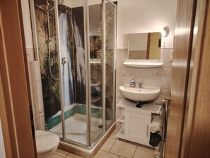 Dusche, Haartrockner, Handtücher, Seife