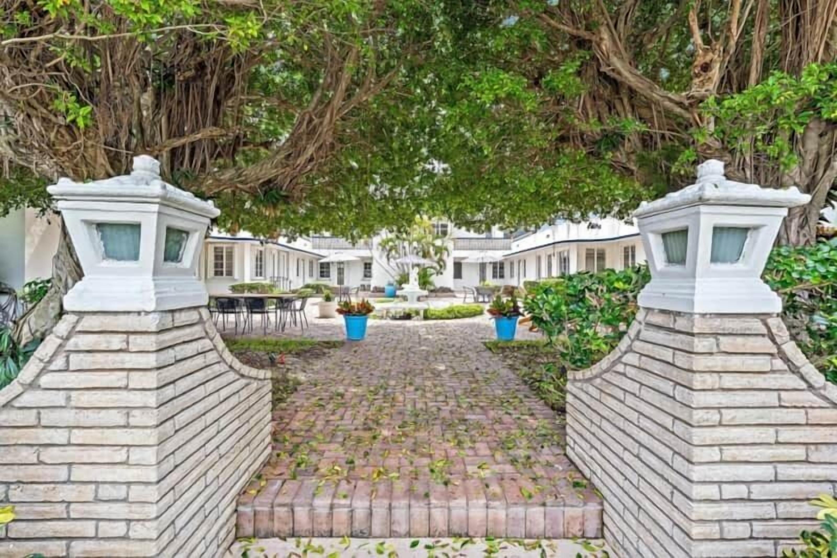 Um pátio com um caminho pavimentado que leva a um edifício, rodeado por vegetação exuberante e paredes brancas.