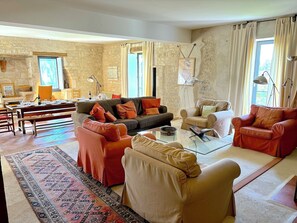 TV, caminetto, lettore DVD, libri