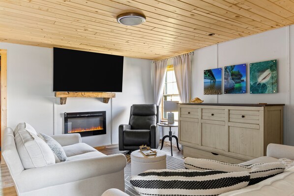 Smart TV, fireplace, DVD player, books