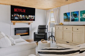 TV connectée, cheminée, lecteur de DVD, livres