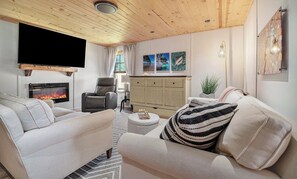 智能电视、壁炉、DVD 播放器、书