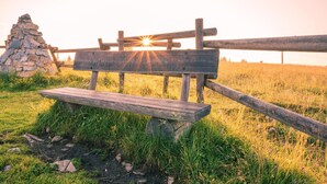 A rustic wooden bench in a grassy field with a stone structure in the background. - mg4 Apartments (Murau)
