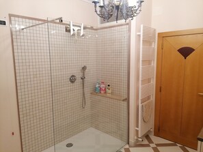 Een douche, een haardroger, een bidet, handdoeken