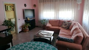 A living room with a pink sofa, a television, and a coffee table. There are potted plants and a patterned rug. - Residenza San Giorgio, your home in the Belluno Dolomites National Park.  (Veneto)