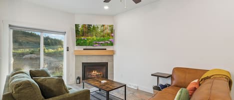 Smart TV, fireplace, stereo