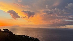 A coastal landscape with a sunset over the sea, featuring a prominent tree and a building on the left. - Beautiful sea view with swimming pool (Massa Lubrense)