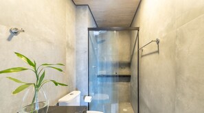 Une salle de bain moderne avec une douche à parois de verre, des toilettes et un lavabo agrémenté d’une plante.