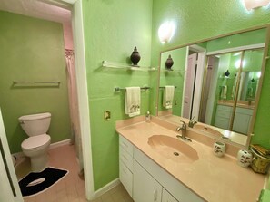 Shower, towels, soap, toilet paper