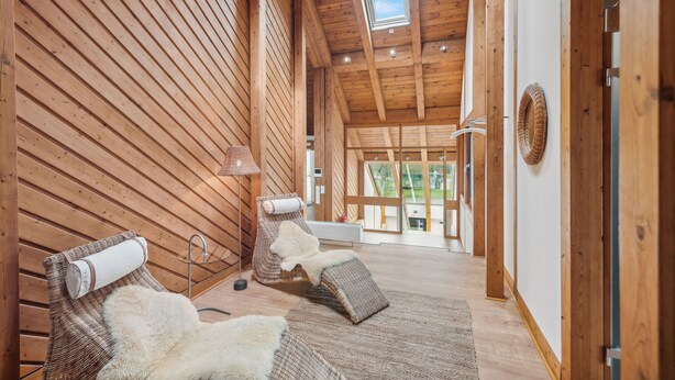 Un intérieur en bois avec un plafond haut, une lucarne et une vue sur l’extérieur.