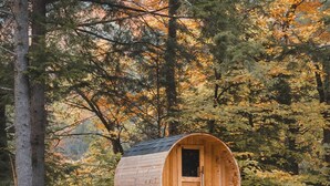 A wooden cylindrical structure with a door, situated by a calm body of water, surrounded by trees and grass.