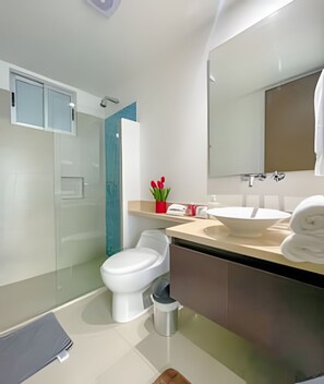 A modern bathroom with a glass shower enclosure, a white toilet, a sink with a mirror above it, and a small red vase with green plants. - Palmetto Eliptic  (Cartagena)