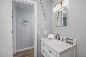 Shower, hair dryer - Cherry Grove 2BR, Steps to Beach (North Myrtle Beach)