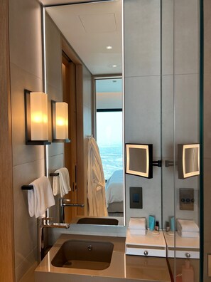 Hair dryer, bidet, towels, soap