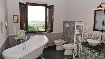 Shower, hair dryer, bidet, towels