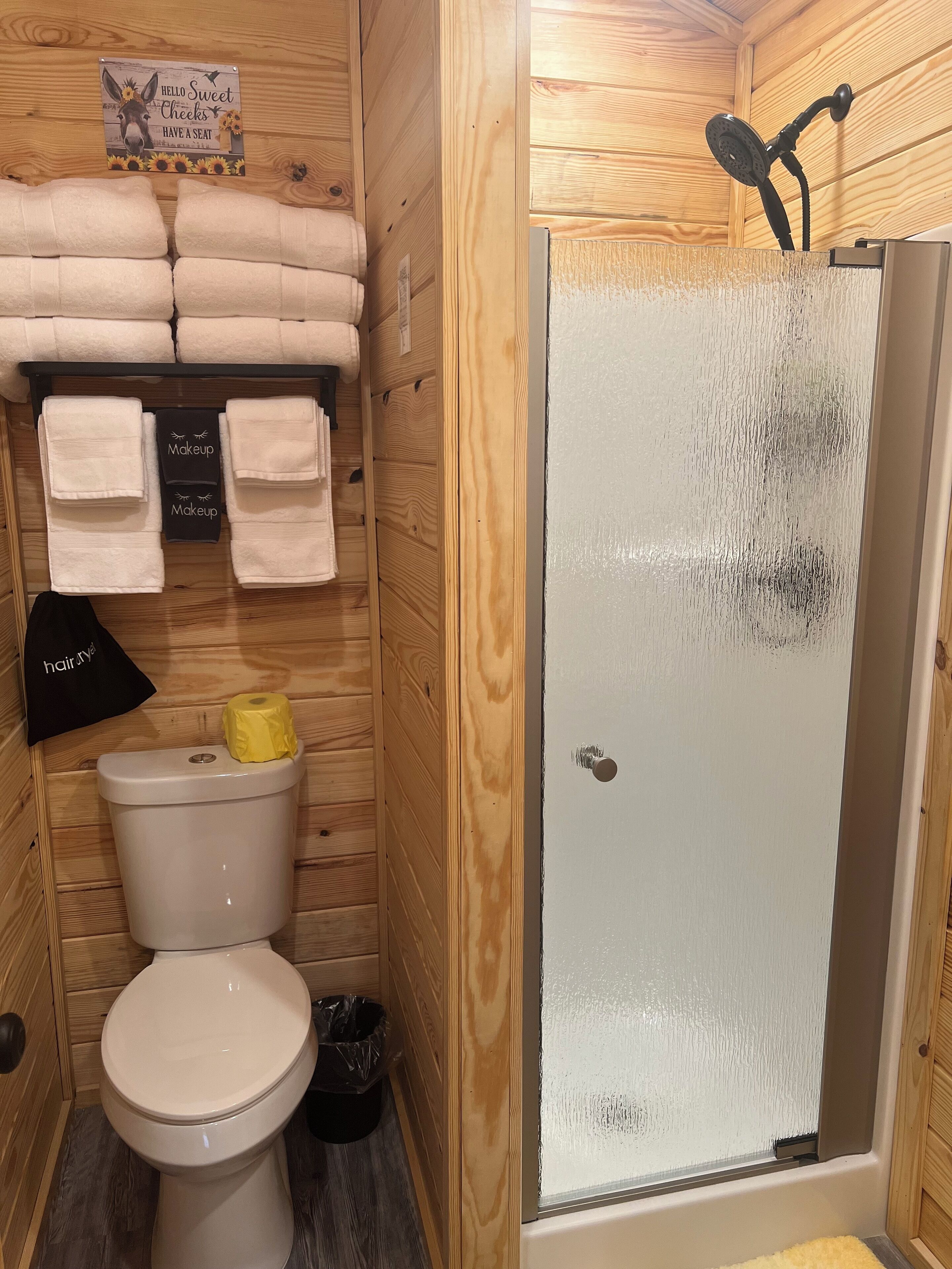 Shower, hair dryer, towels, soap