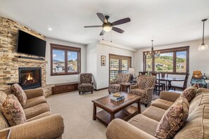 Smart TV, fireplace, stereo
