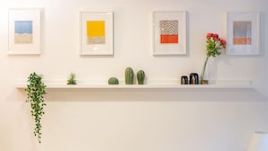 A white wall with four framed artworks and a white shelf with plants and decorative items. - Polanco Studio Near Chapultepec Park & Museums (Ciudad de México)
