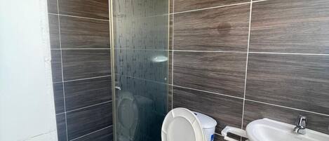 A bathroom with a toilet, a sink, and a shower area.