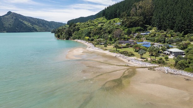 A coastal area with a beach, houses, and forested hills.