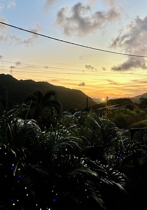 Un coucher de soleil sur un paysage vallonné, avec des palmiers et des lignes électriques.