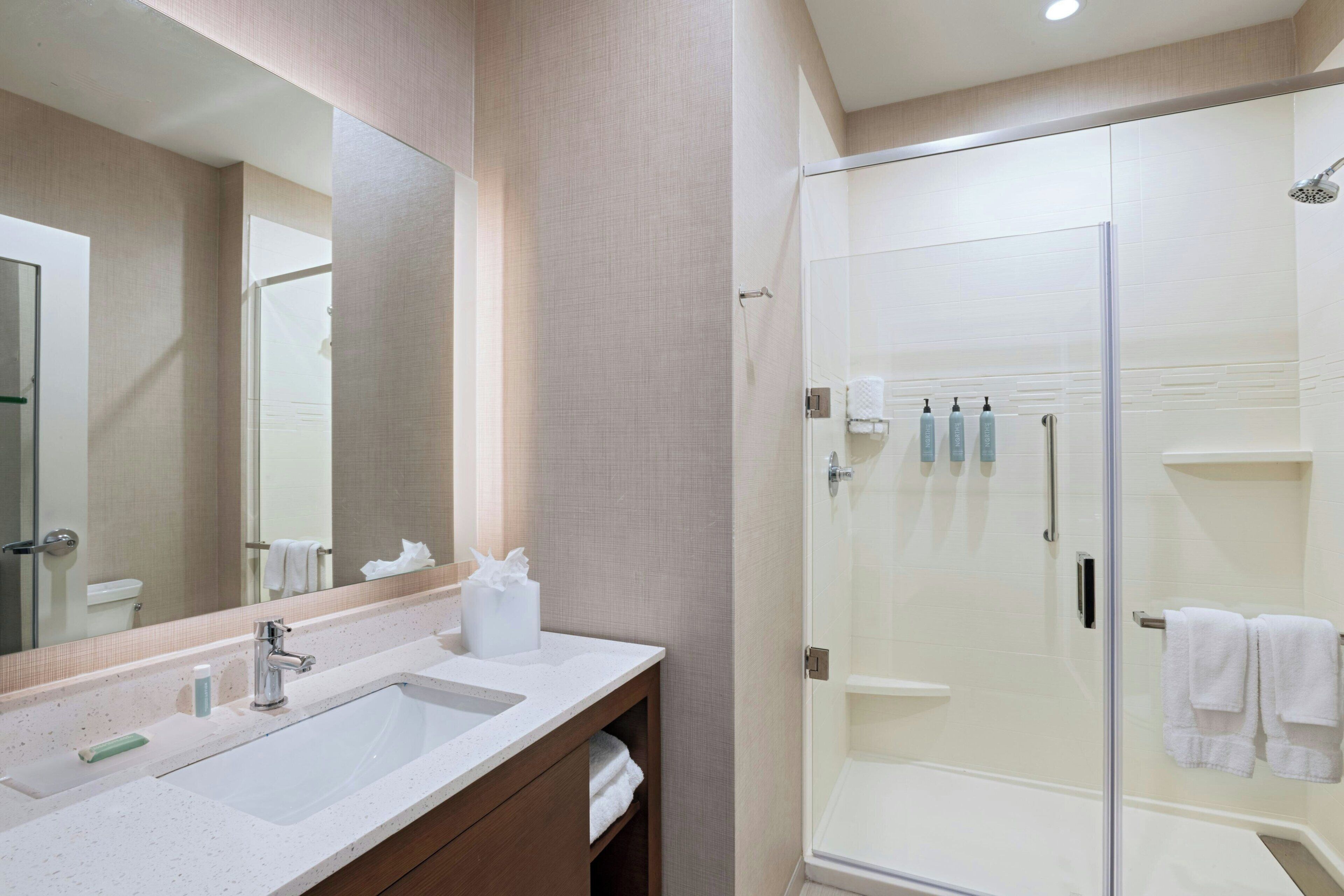 A modern bathroom with a glass-enclosed shower, a large mirror, and a vanity with a sink and towel rack.
