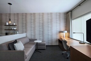 Desk, laptop workspace, blackout drapes, iron/ironing board