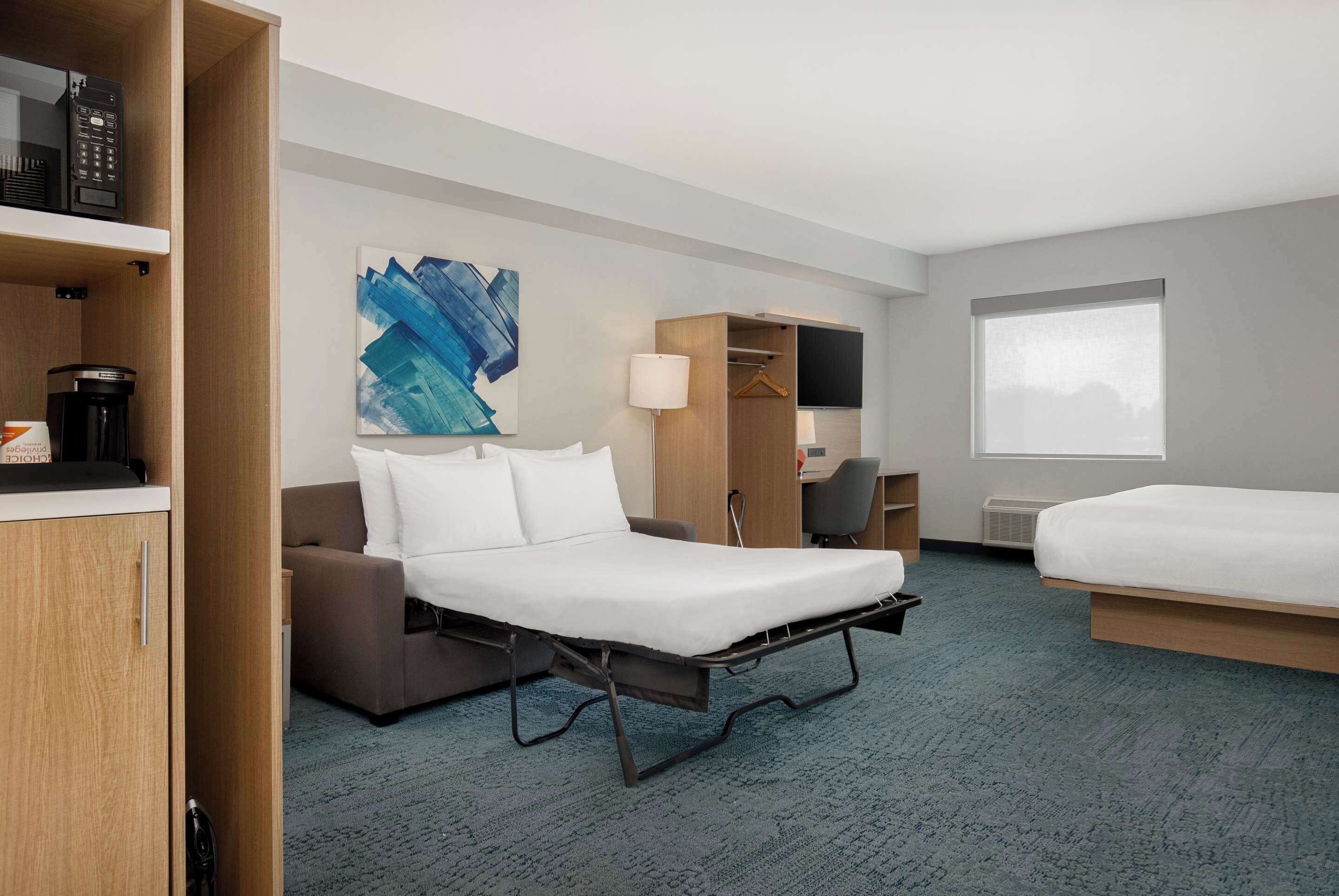 Una habitación de hotel con cama, sofá, escritorio y armario.